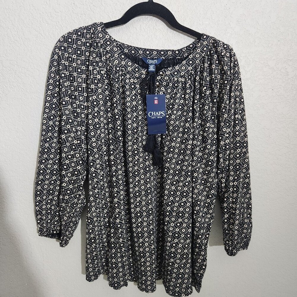 Chaps Shirt Womens XL Black White Boho Peasant Lace Up Long Sleeve Geometric